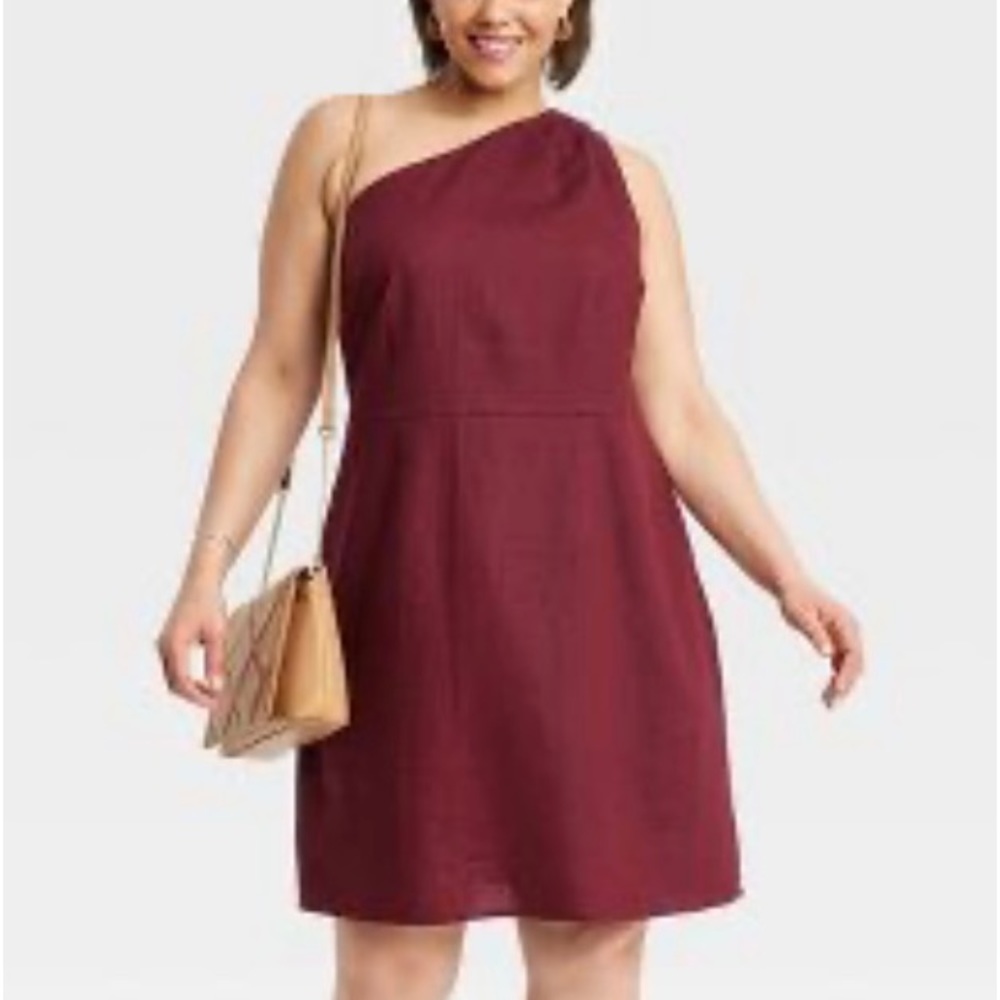 A New Day Day One Shoulder Mini Linen Blend Sheath Dress Burgundy